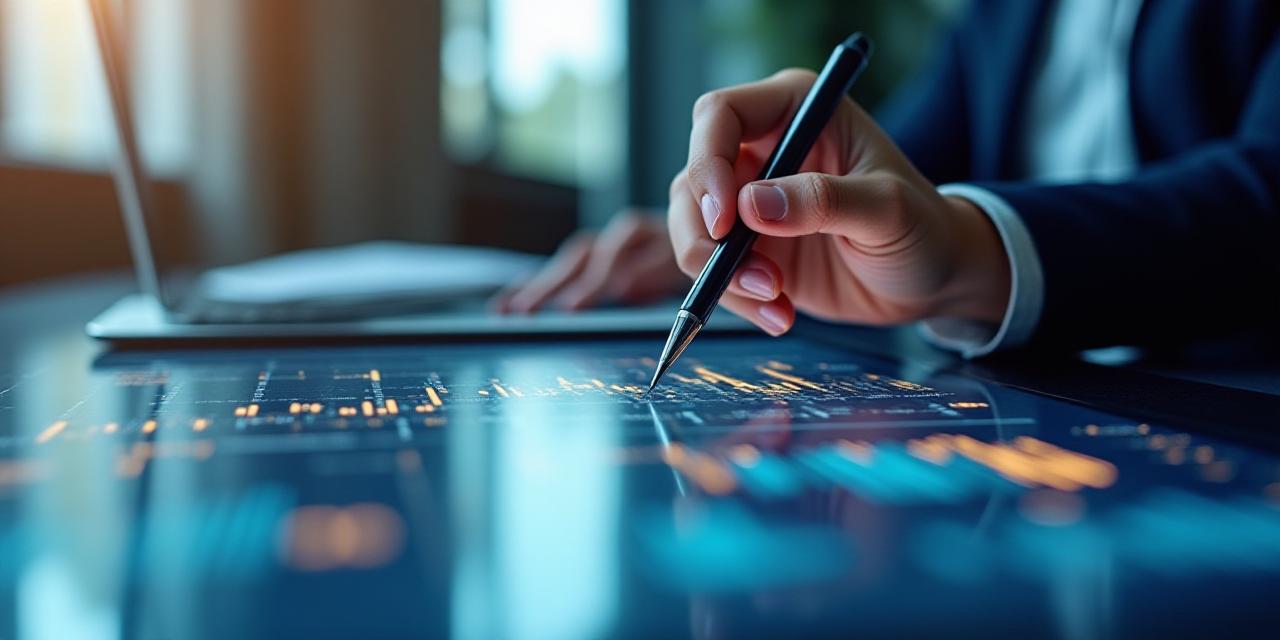 Close up of a financial professional analyzing complex data charts on a high-resolution screen